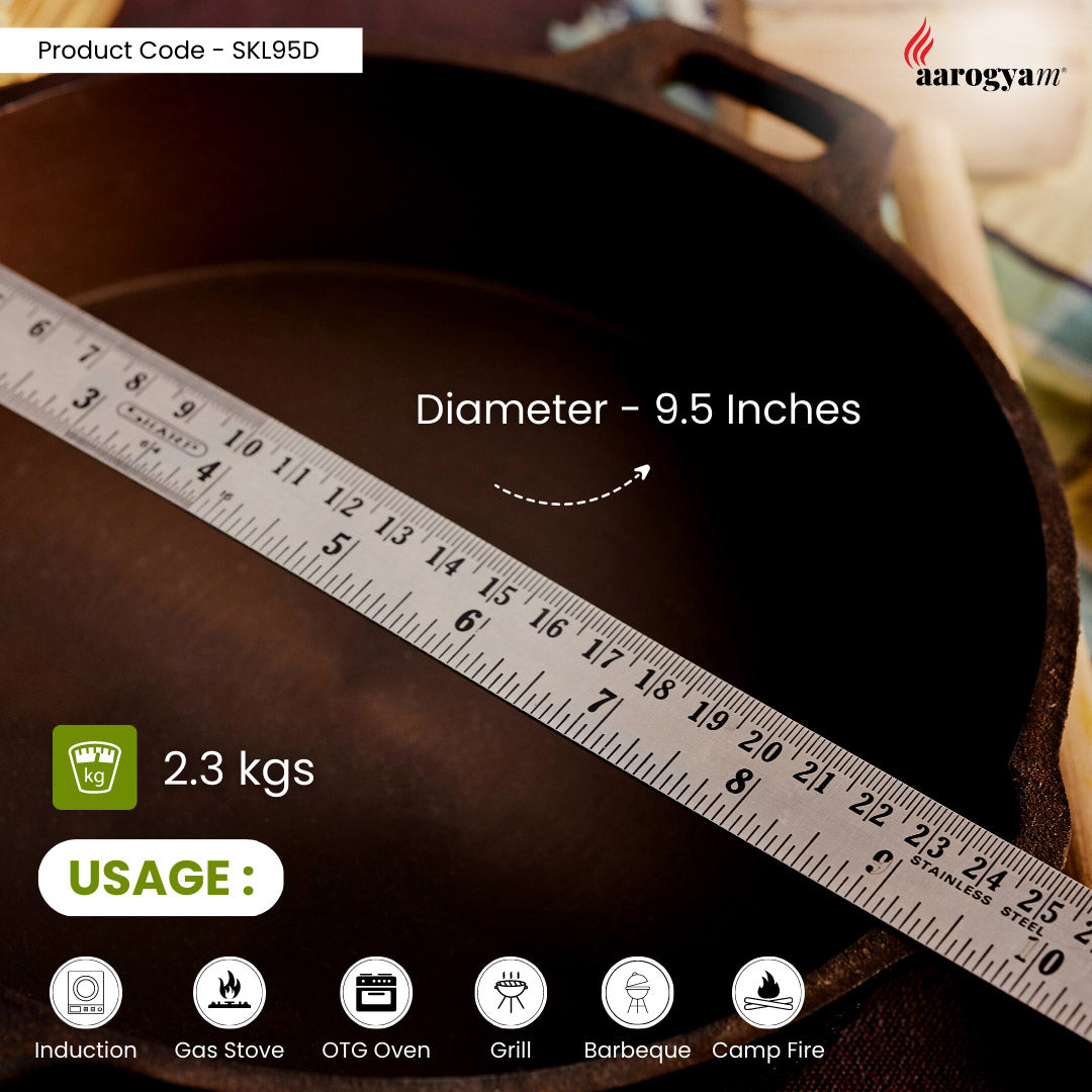 Wooden pan with measurement scale showing diameter 9.5 inches, weight 2.3 kg, and usage icons.