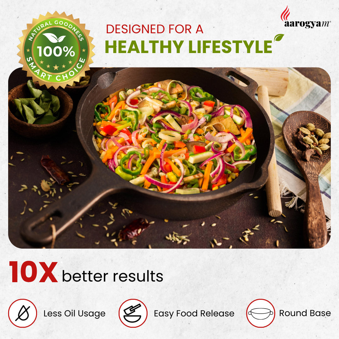 Colorful vegetable stir-fry in a cast iron skillet with Aarogya brand branding.