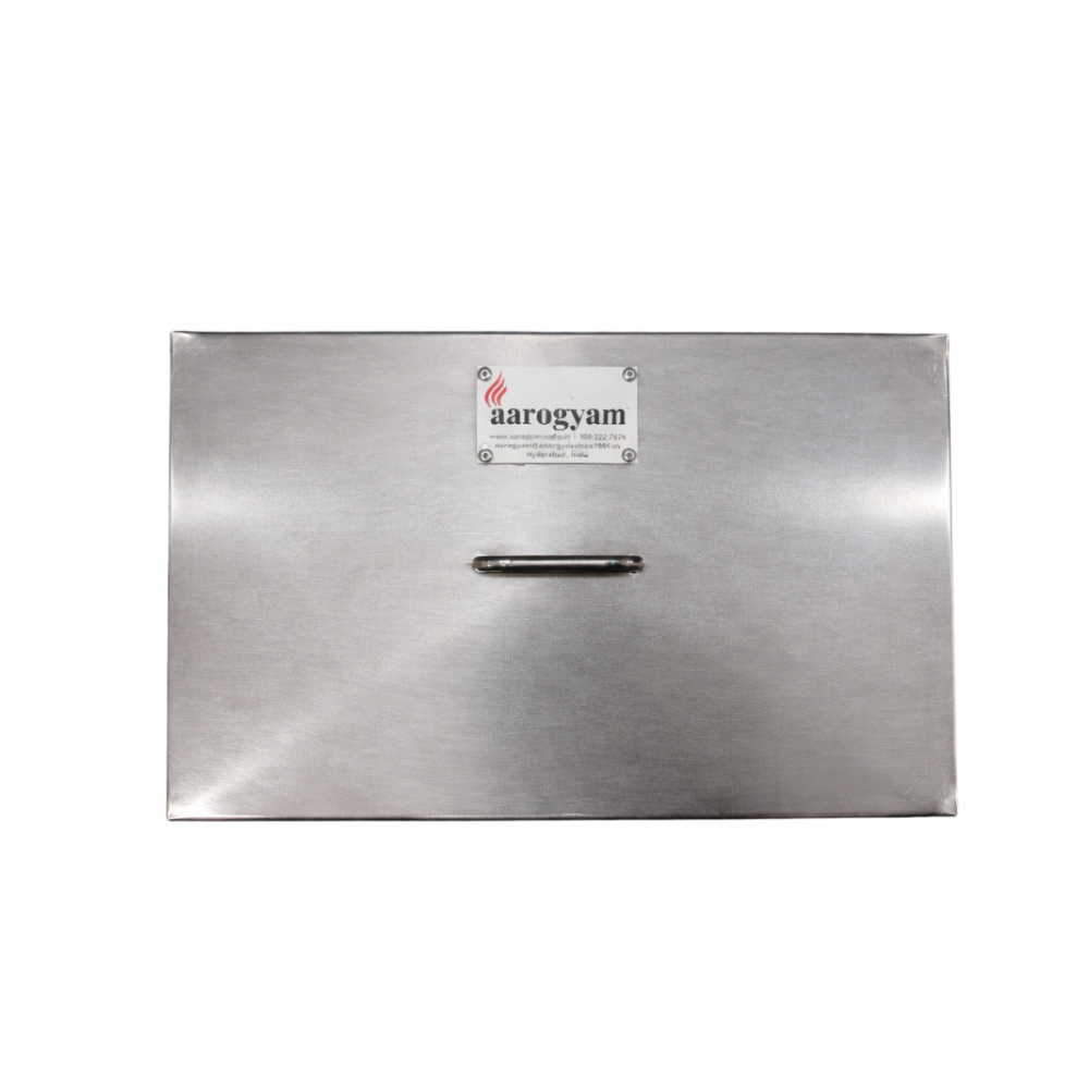 Stainless steel appliance with aarogyam label on a white background