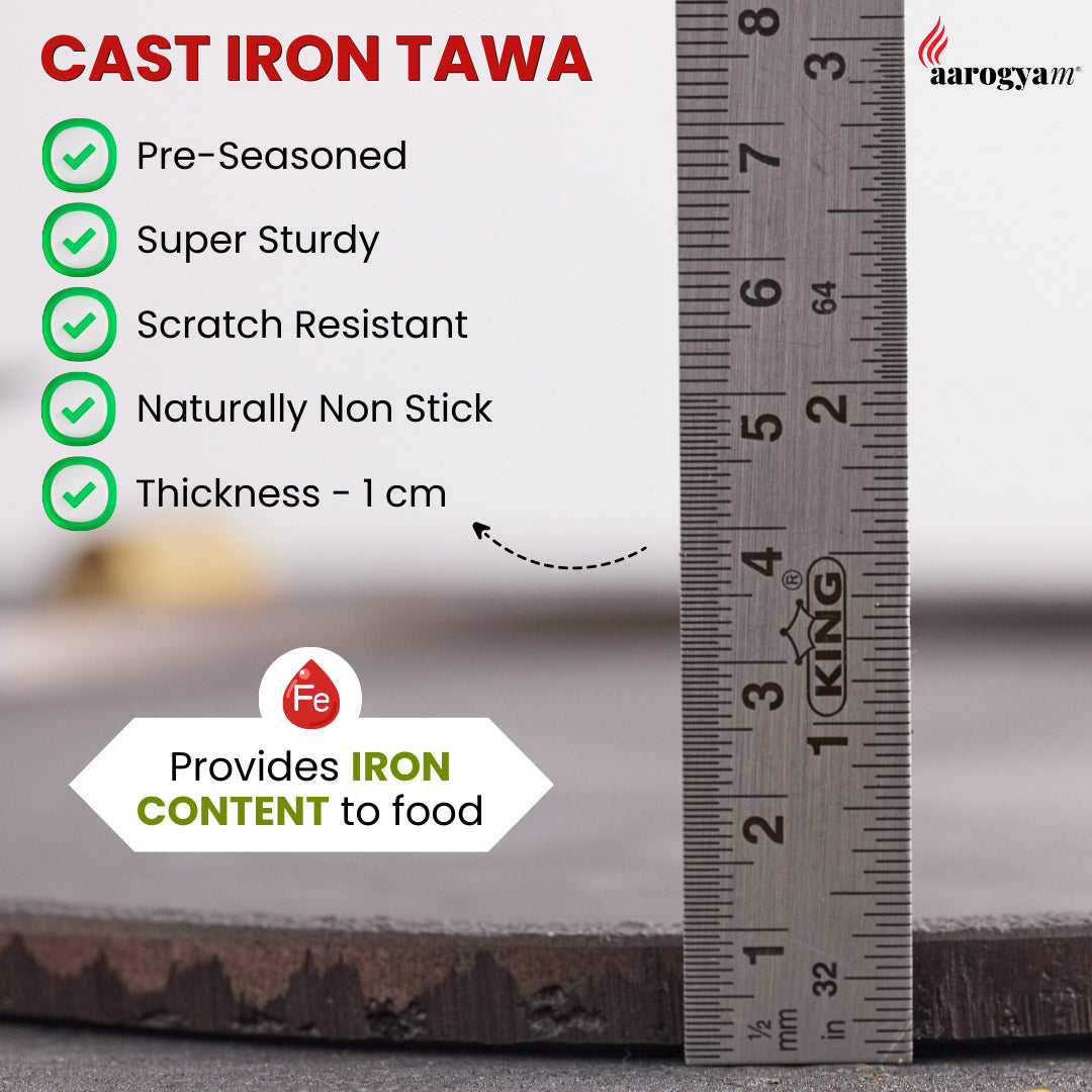 Aarogyam 10 Inch Induction Friendly Pre-seasoned Cast Iron Long Handle Tawa, Naturally Nonstick, Induction Friendly