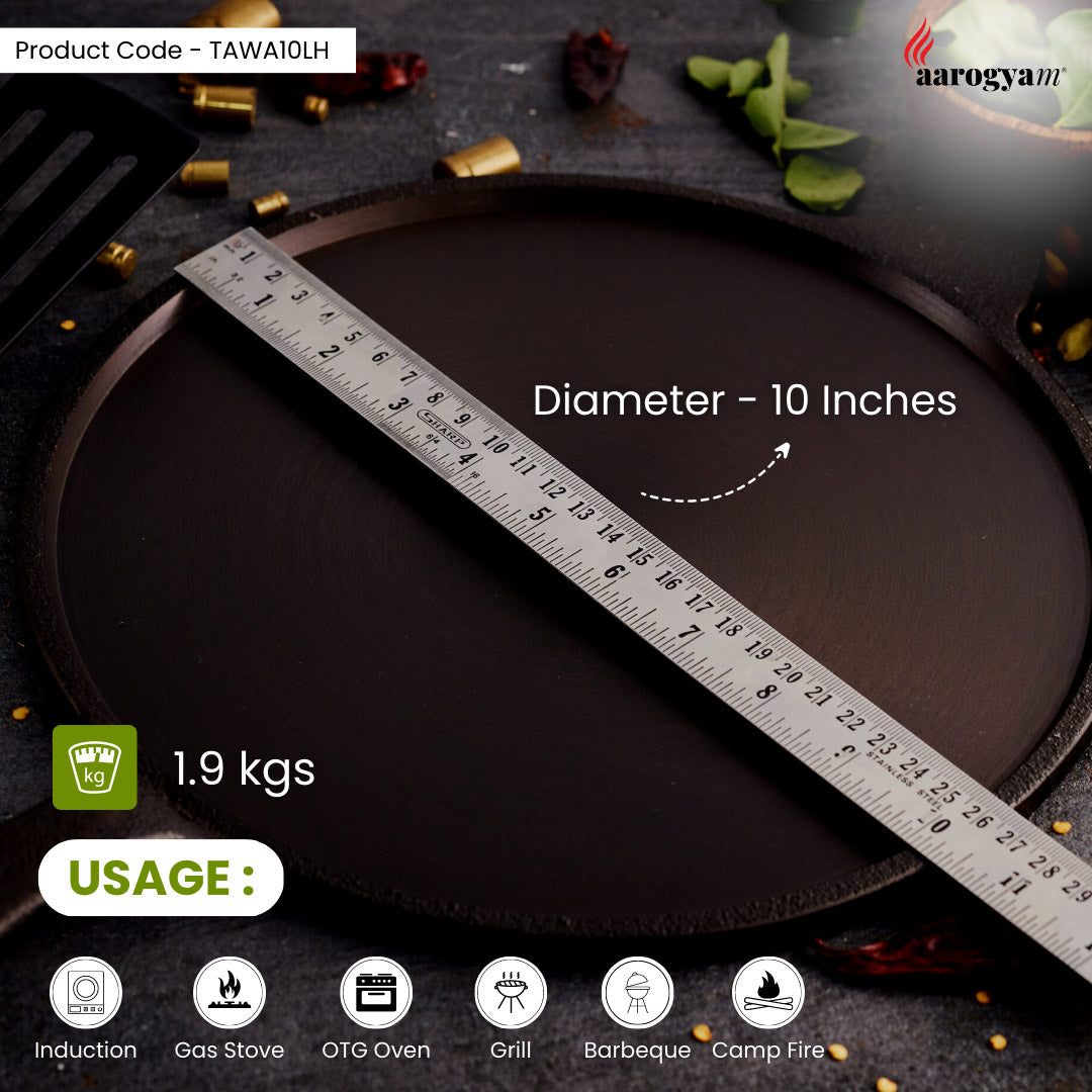 Aarogyam 10 Inch Induction Friendly Pre-seasoned Cast Iron Long Handle Tawa, Naturally Nonstick, Induction Friendly