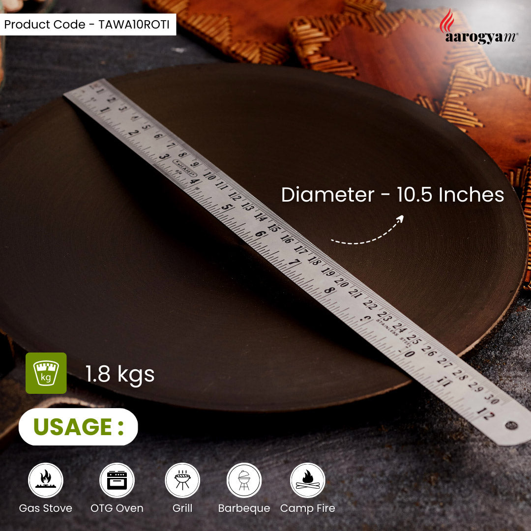 Brown ceramic plate with a ruler indicating its diameter, placed on a textured surface with 'aarogya' branding.