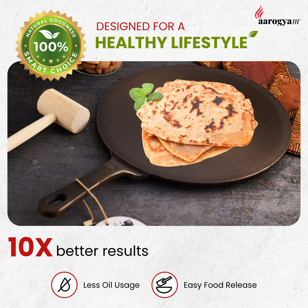 Arogya brand tortilla press with tortillas on a pan, emphasizing healthy lifestyle benefits.