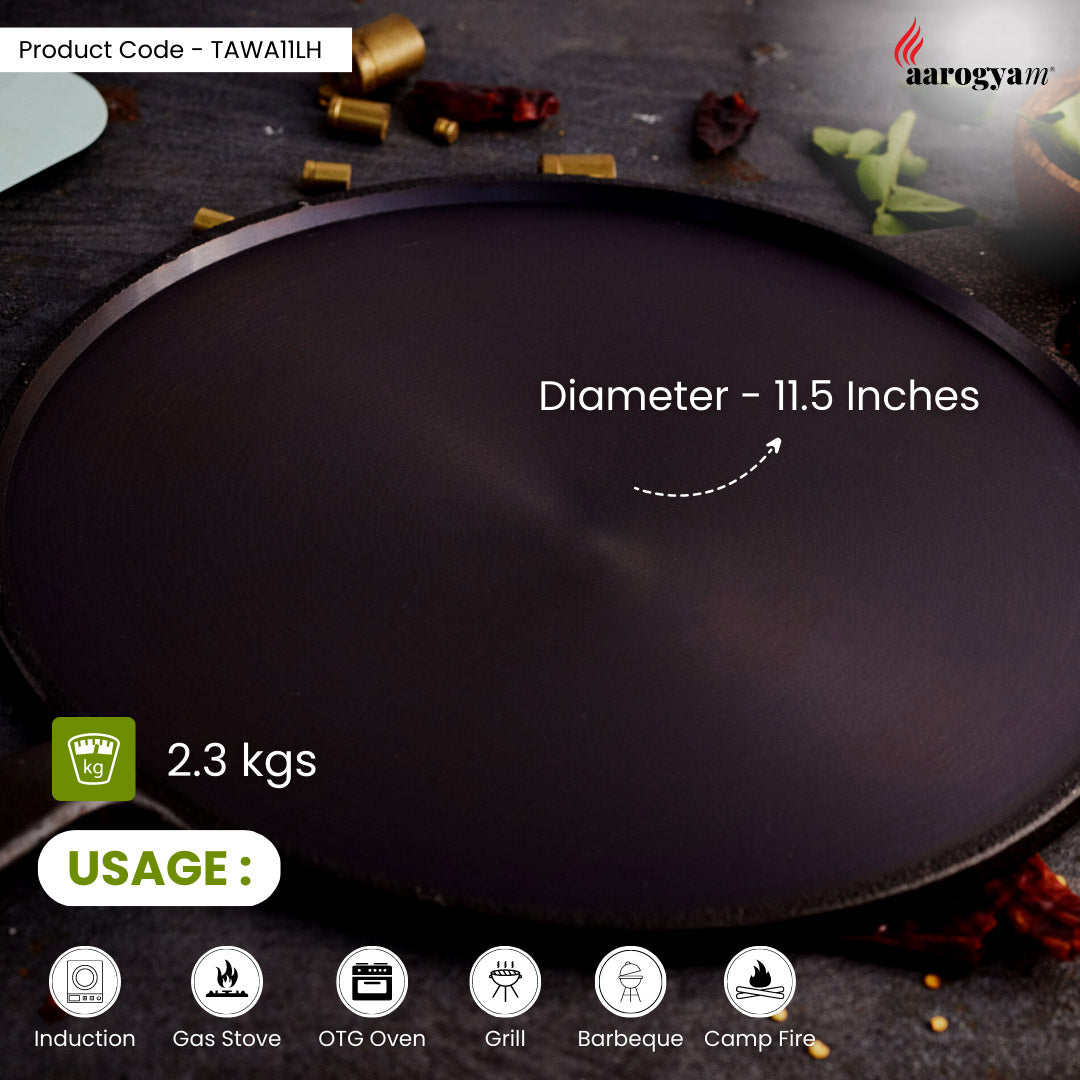 Black flat pan with measurement details on a dark background, featuring the Aarogyan brand.