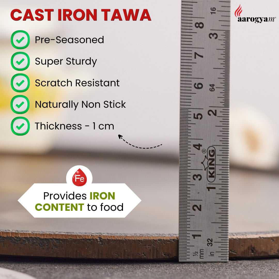 Cast iron tawa with features listed and a ruler for scale.