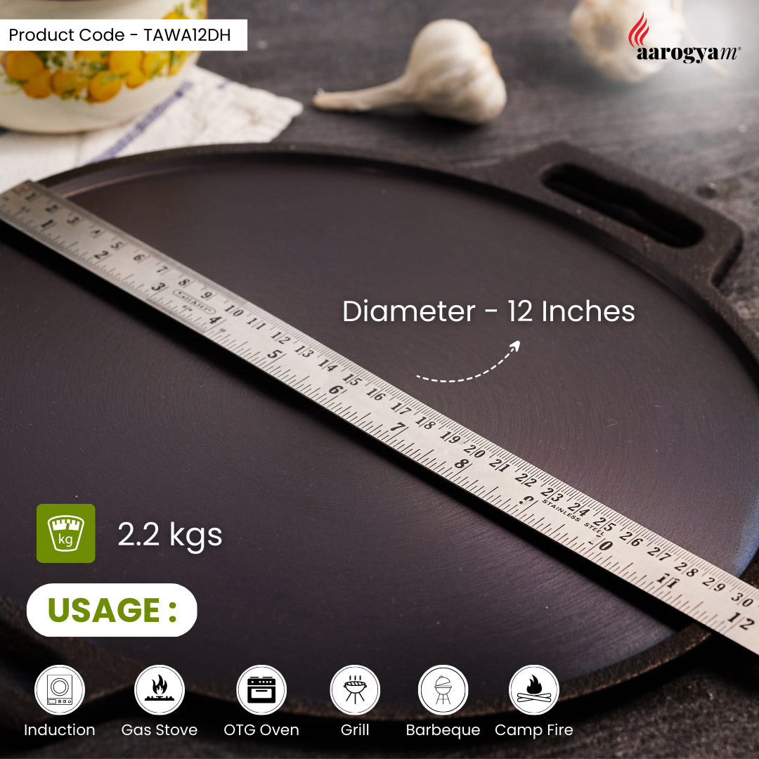 Aarogyam 12 Inch Induction Friendly Pre-seasoned Cast Iron Double Handle Tawa, Naturally Nonstick, Induction Friendly
