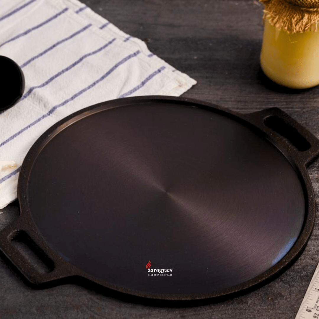 Aarogyam 12 Inch Induction Friendly Pre-seasoned Cast Iron Double Handle Tawa, Naturally Nonstick, Induction Friendly