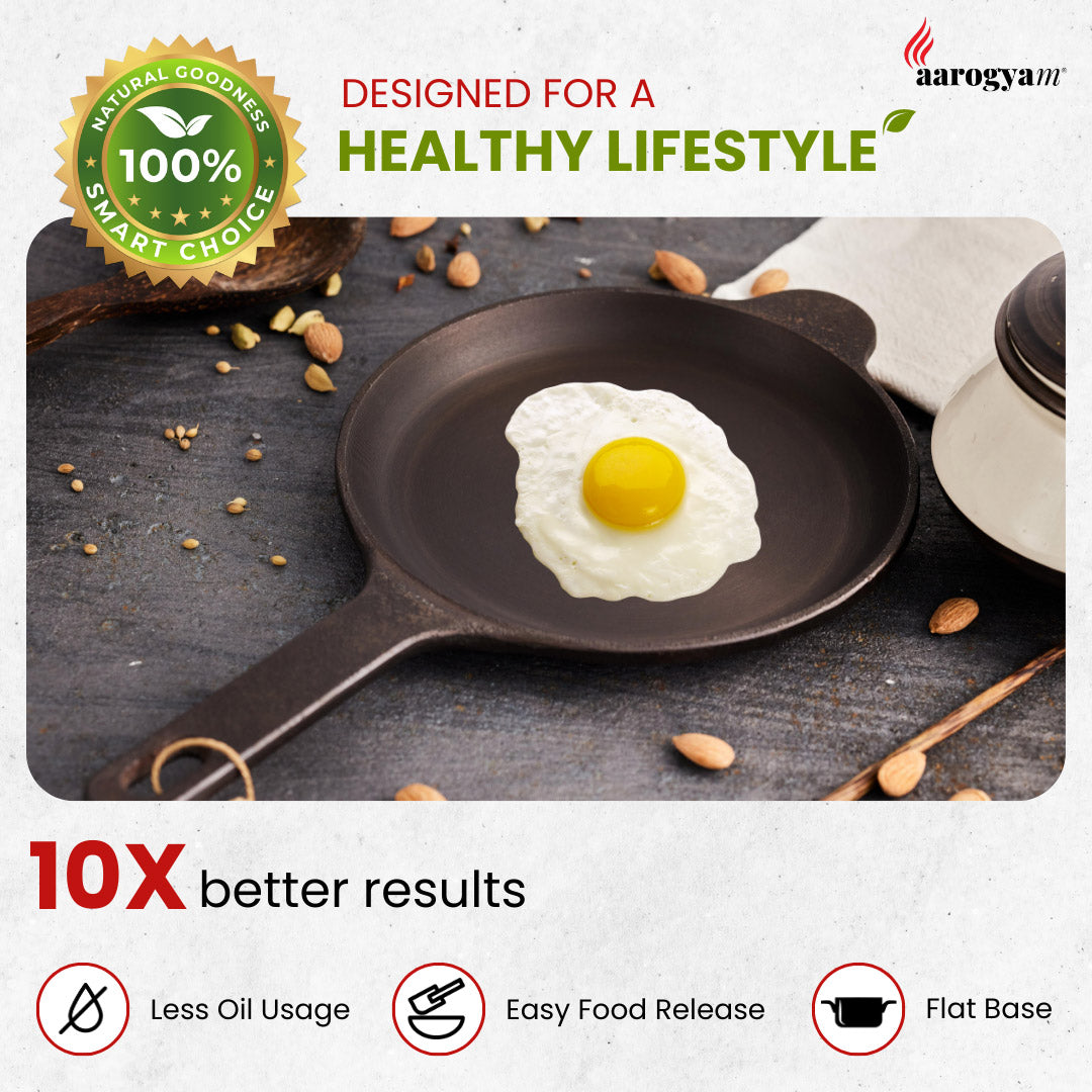 Fried egg on a frying pan with cooking ingredients, Aarogya brand logo, and lifestyle text.