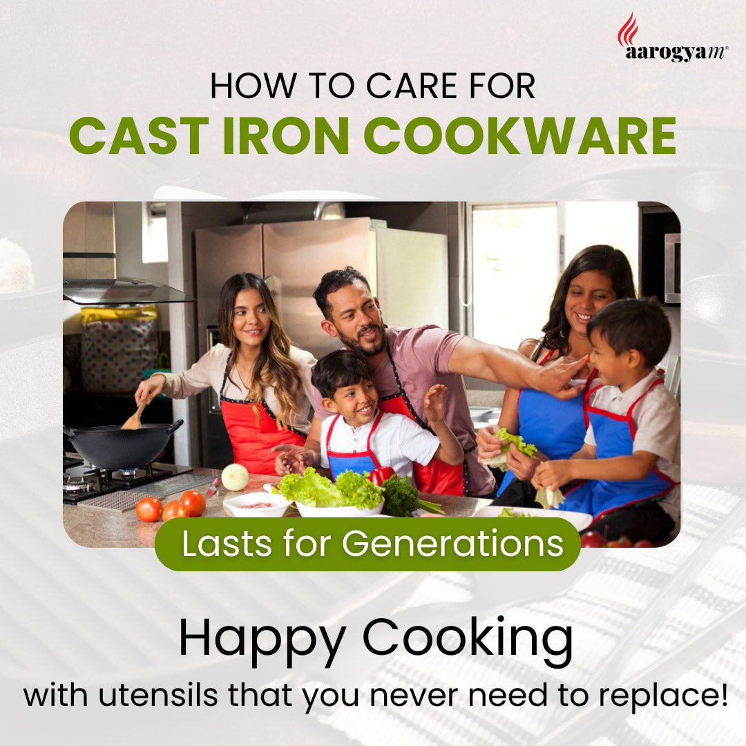 Family in a kitchen with text about caring for cast iron cookware