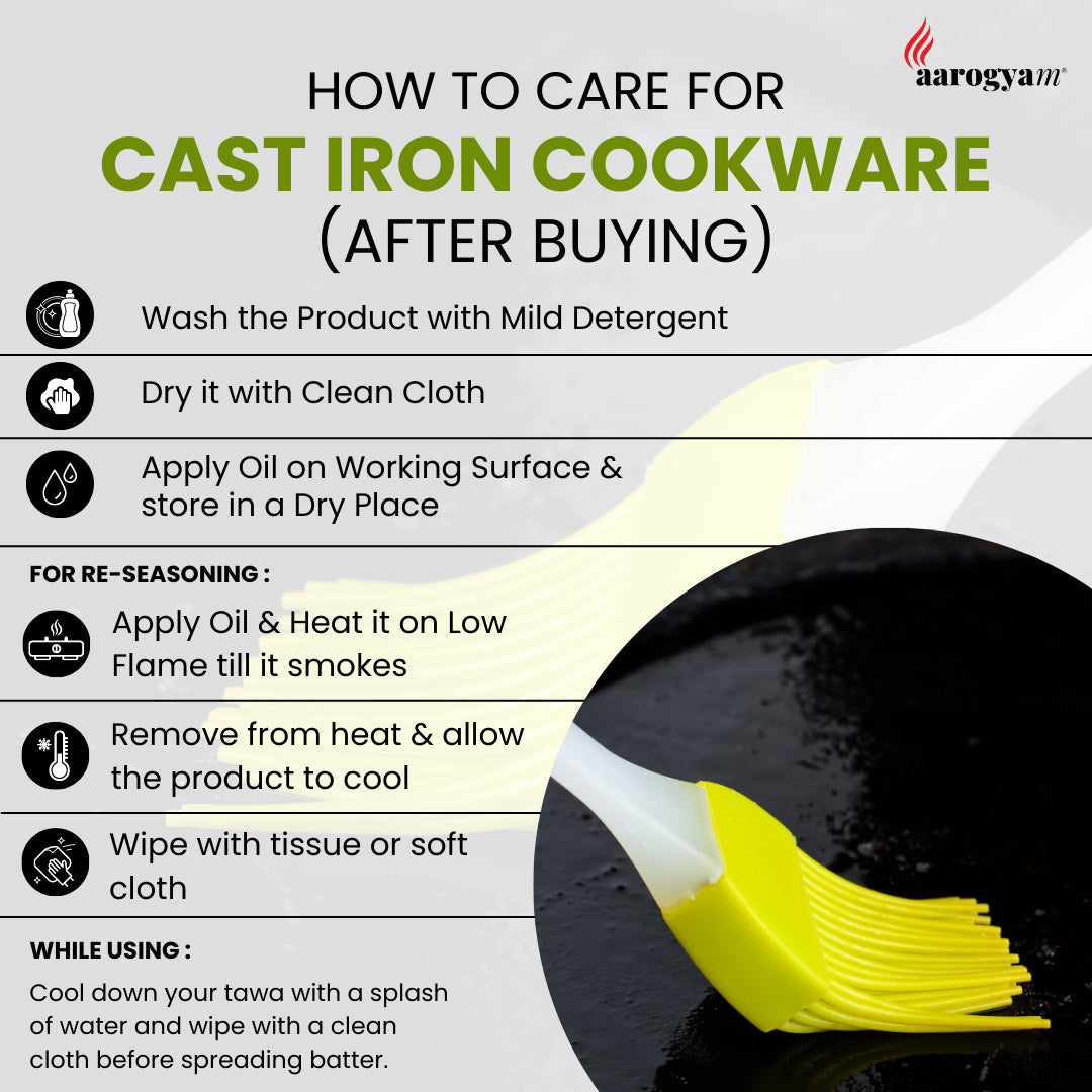 Instructions on how to care for cast iron cookware with a close-up of a yellow spatula.