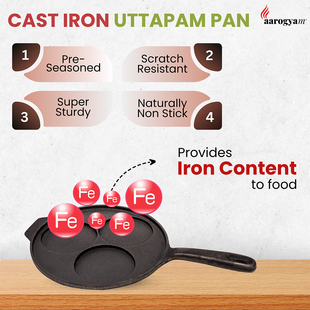 Cast iron uttapam pan with features listed on a white background