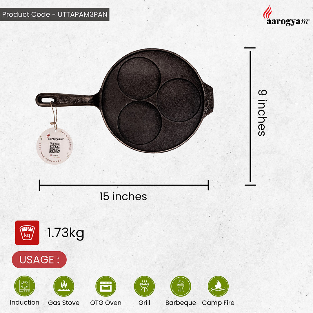 Black cast iron pan with dimensions and features on a white background