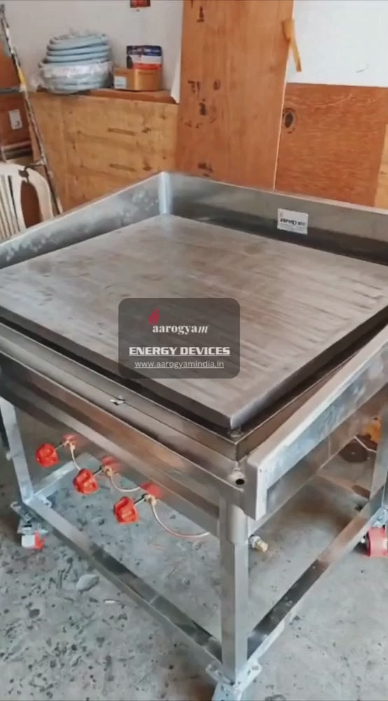 Load video: Set of Commercial Cast Iron Dosa Tawa | 36 Inch × 30 Inch | 30 mm Thickness &amp; Stainless Steel Gas Burner with Wheels and Drain