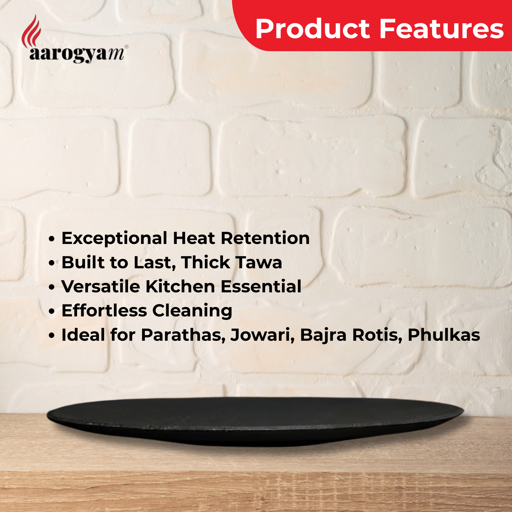 Aarogyam Pre-seasoned Cast Iron Edge Free Roti Tawa, 12", Naturally Nonstick - Image 4