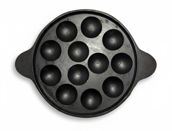 Aarogyam Pre-seasoned Cast Iron Paniyaram Pan, 12 Cavity, Ring Bottom, Naturally Nonstick, Induction Friendly Appam Pan / Appe, Smooth Pits. Ferrolite Series.